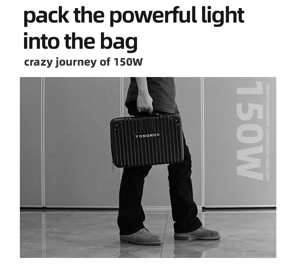 Black rectangular, ribbed carry case for a 150W continuous video light, held by a person in a studio setting.