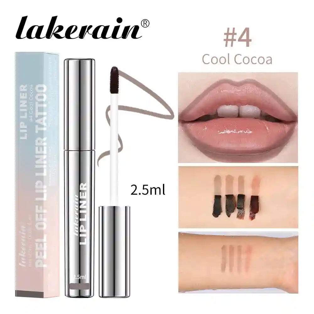 Lakerain Cool Cocoa peel-off lip liner tattoo. Waterproof, matte long-lasting brown lip makeup with wand applicator.