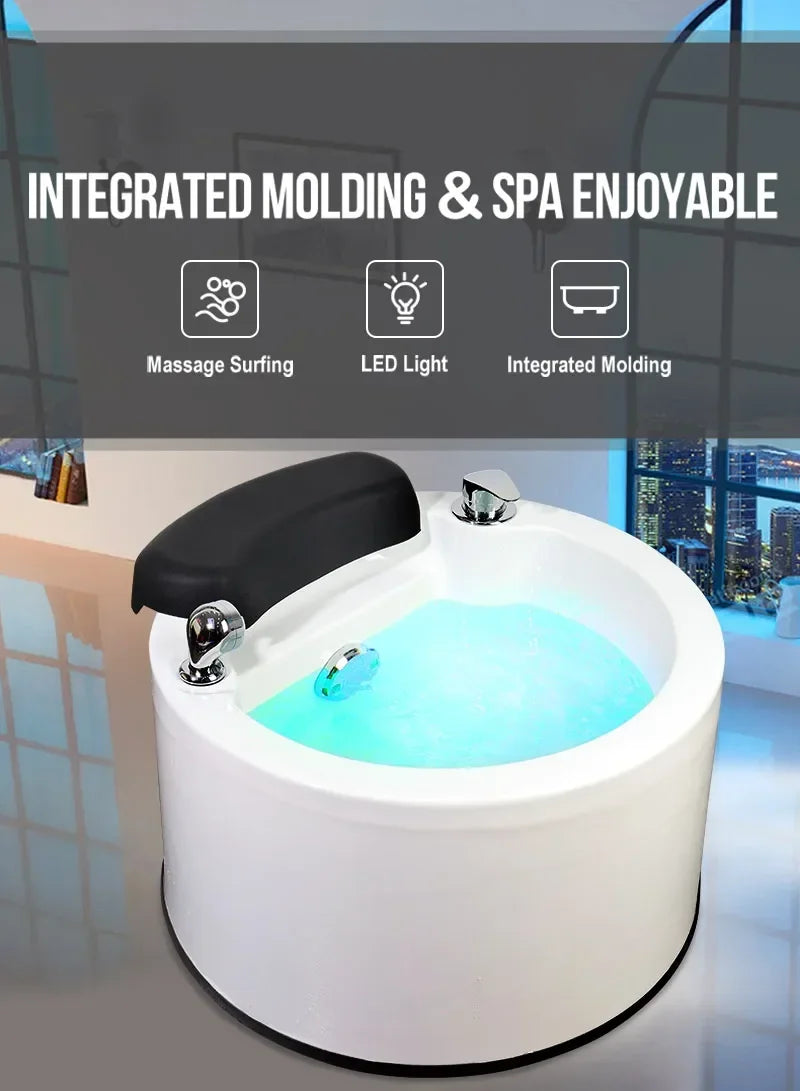 White hydro-massage foot spa with black headrest, chrome jets, blue-lit water