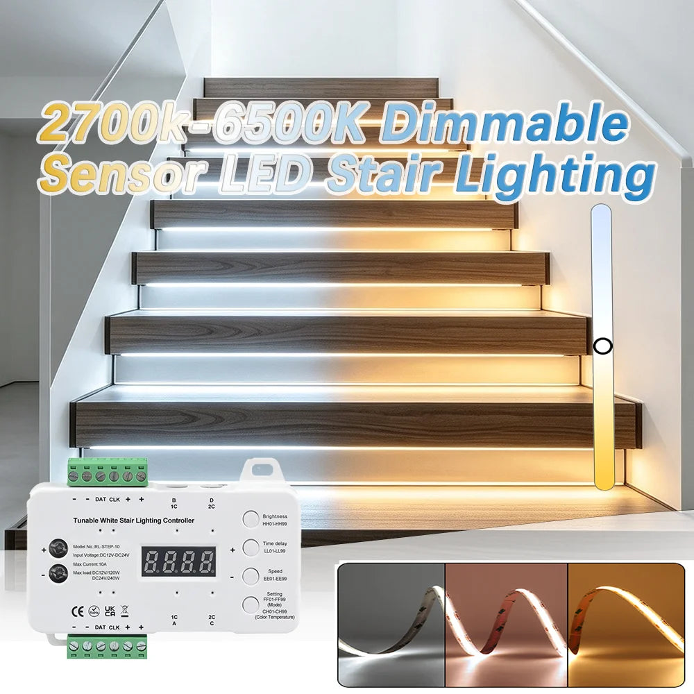 CCT 2700K-6500K Dimmable LED Stair Light Motion Sensor Stair Lighting 1-20 Steps CCT COB Strip Kit For Indoor Stair Light