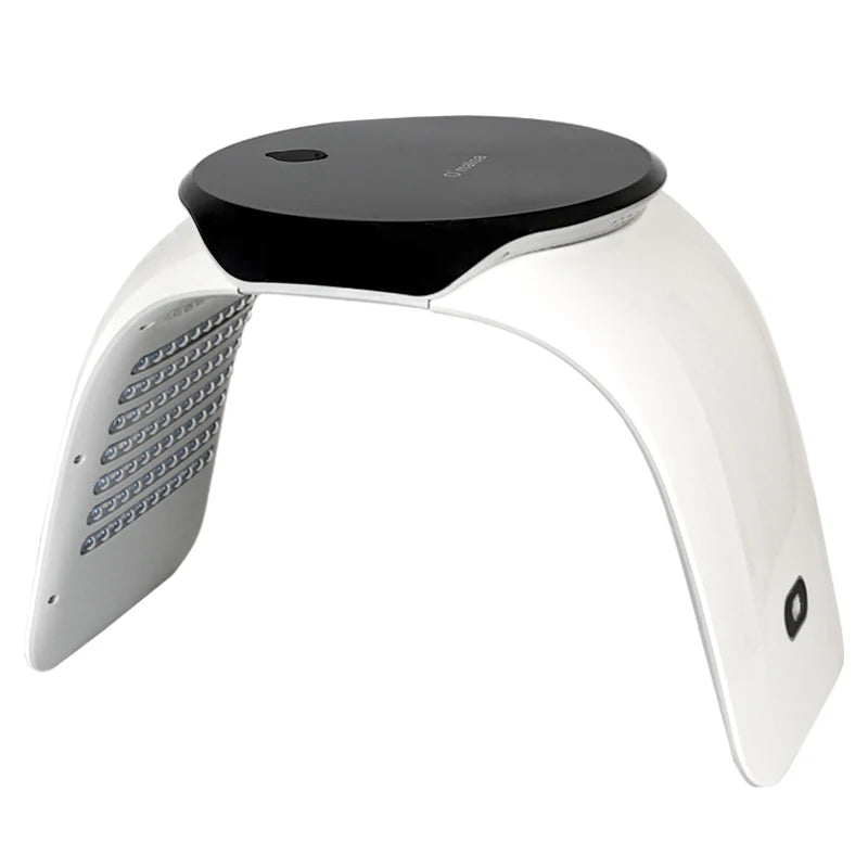 7-color PDT LED light therapy facial mask for anti-aging, acne treatment, and skin rejuvenation, white arch design.