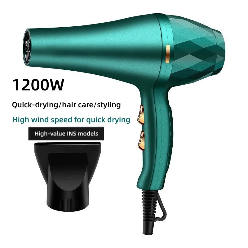 Emerald green 1200W professional hair dryer with styling nozzle, constant temp for quick, salon-quality hair care.