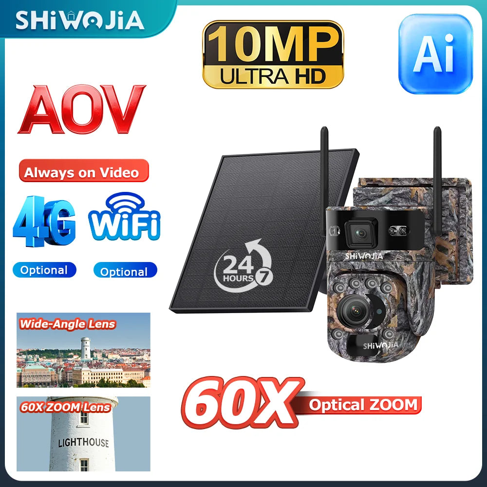 SHIWOJIA 60X 10MP AOV+PIR Outdoor Surveillance Camera WIFI/4G SIM Ai Tracking Human Detection Dual Screen CCtv Security Cam