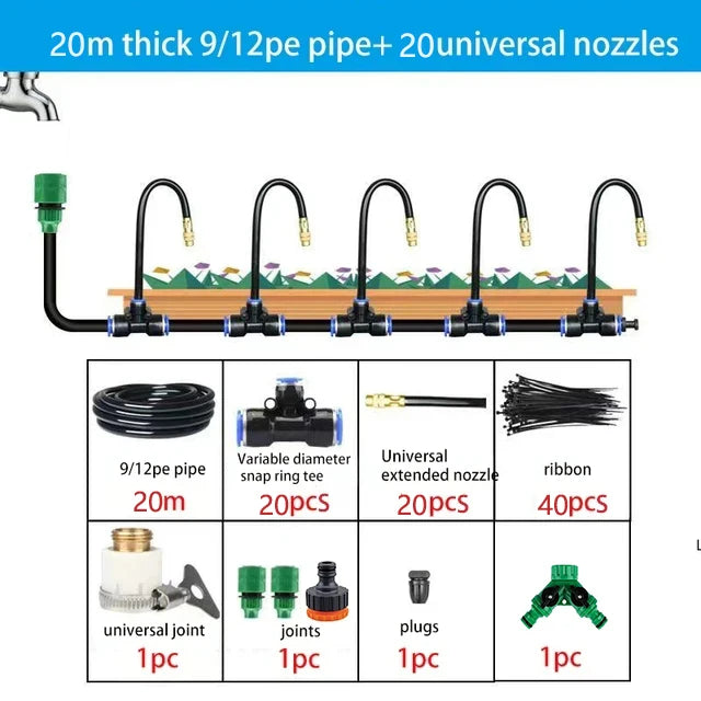 20m sprinkler kit diagram: 9/12in pipe with 20 universal nozzles
