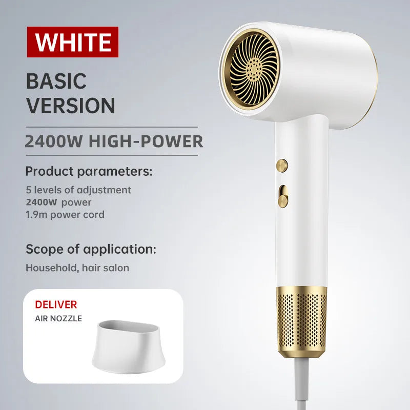 White 2400W high-speed ionic hair dryer with gold accents, 5 heat settings, and styling nozzle for home or salon use.