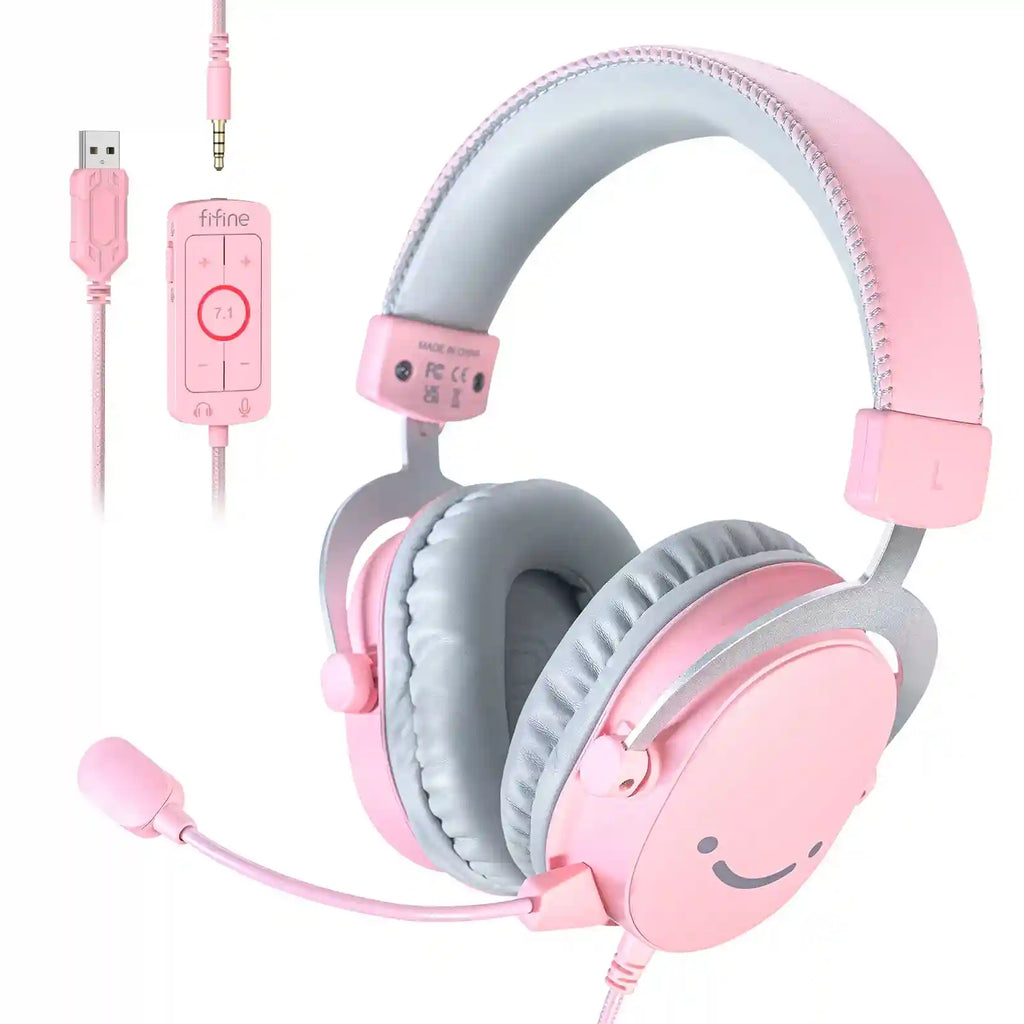USB Gaming Headset 7.1 Surround Sound Wired Over-Ear PC PS5 White Pink Tidesmit
