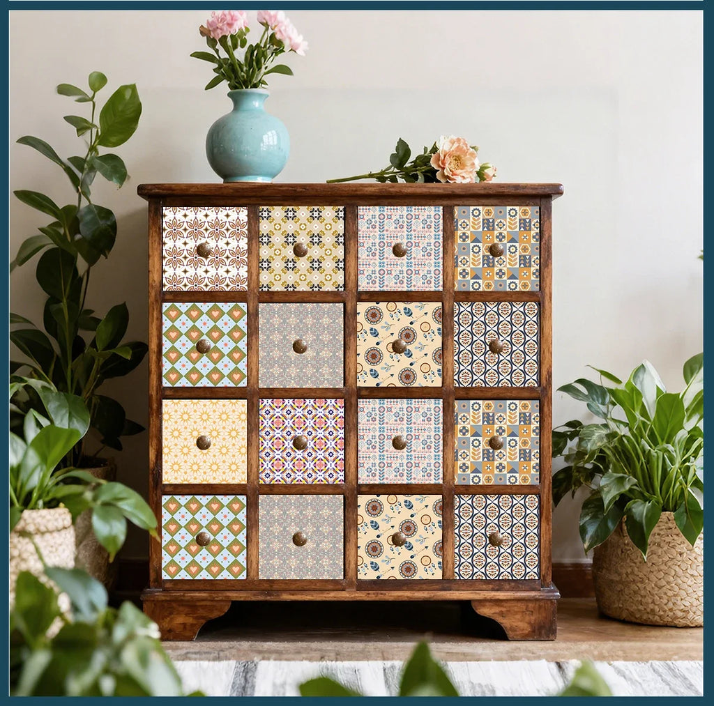 Neutral Boho Floral Tile Stickers Self Adhesive Glossy PVC Waterproof Decals Kitchen Bath Cabinet Backsplash Wall Home Deco