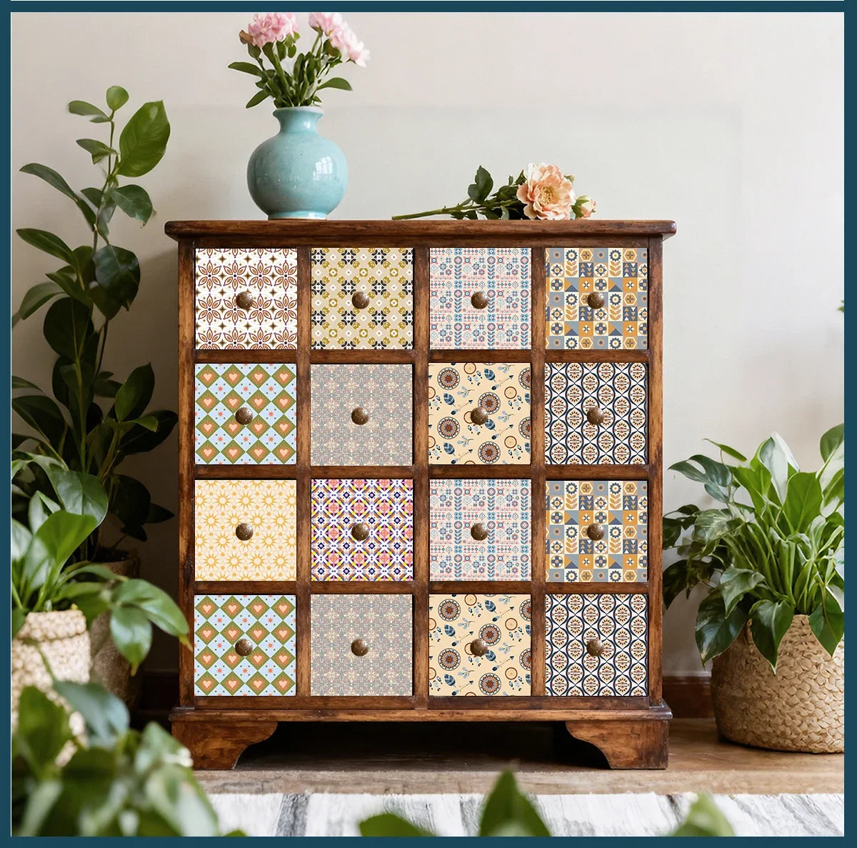 Neutral Boho Floral Tile Stickers Self Adhesive Glossy PVC Waterproof Decals Kitchen Bath Cabinet Backsplash Wall Home Deco