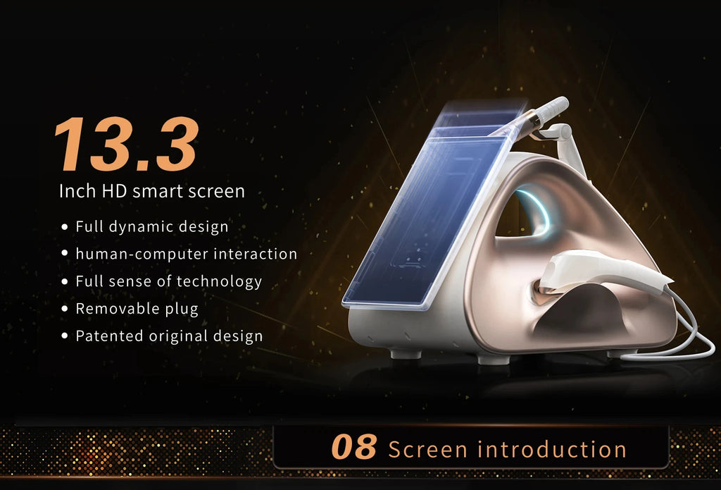 Professional 12D facial and body lift machine with 13.3-inch HD screen, rose gold ergonomic design, and skin firming.