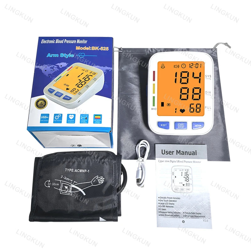 English/Spanish Voice Large Display Screen Rechargeable Automatic Tonometer Arm Blood Pressure Monitor Digital Tensiometer