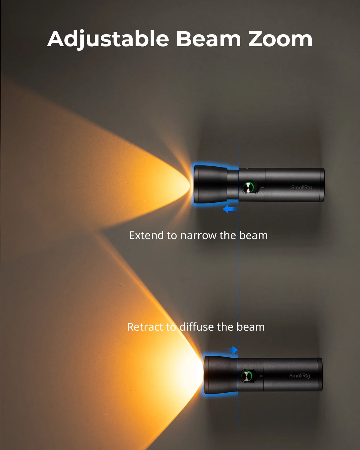 Matte black cylindrical LED flashlight showing zoom functionality to narrow or diffuse the warm light beam.