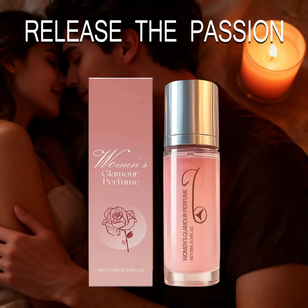 Women’s Glamour Pheromone Perfume: long-lasting floral scent in a portable pink 10ml cylindrical spray bottle.