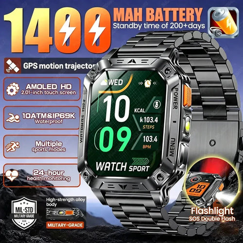 1400mAh Battery Smart Watch with Sleep Tracker, 10ATM Waterproof, AMOLED display, and GPS, frontal product view.