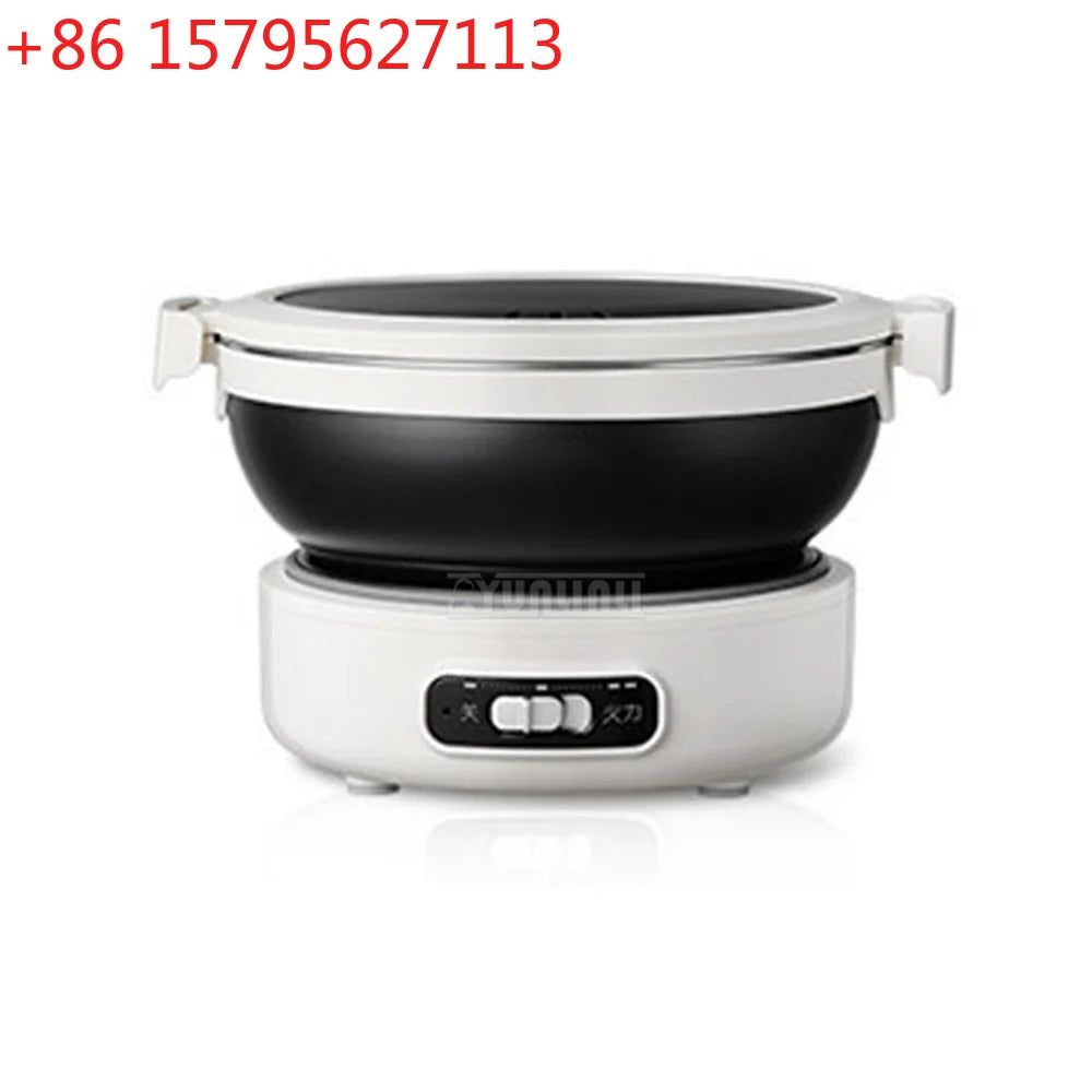 Portable electric split cooking pot with black bowl and white base, lid handles on sides
