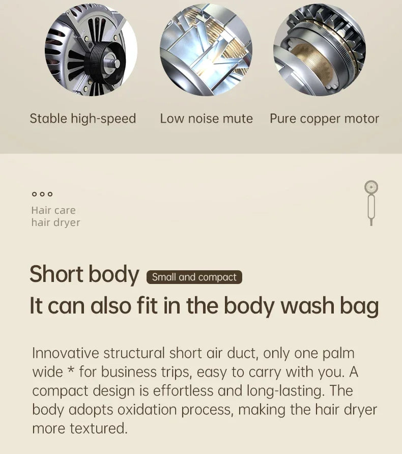 F41 high-speed compact hair dryer with pure copper motor, low-noise turbine, and portable oxidation-finish design.