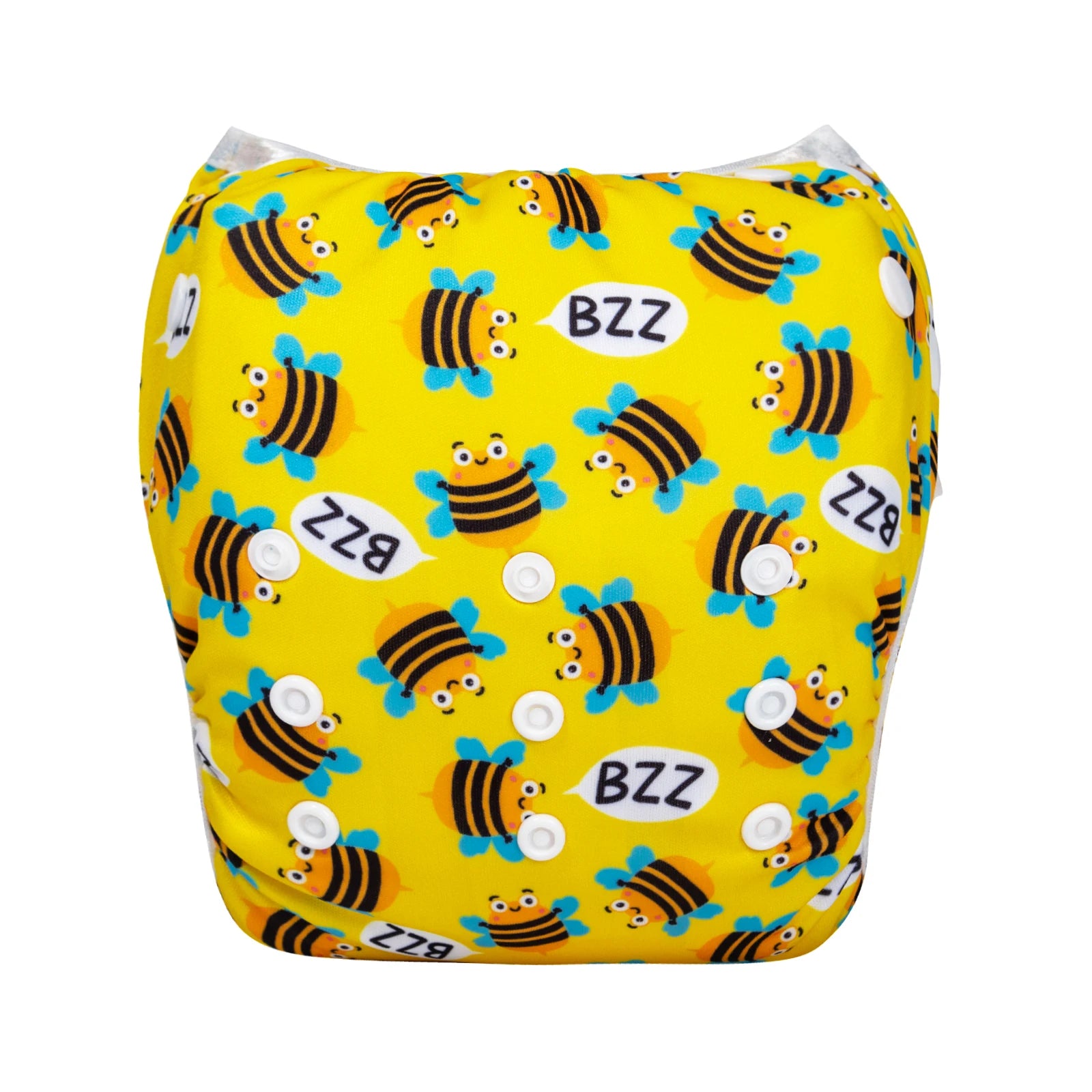 Reusable cloth baby diaper with adjustable snaps and yellow bumblebee and BZZ print pattern.
