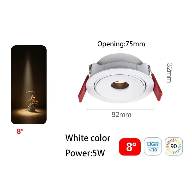 White recessed LED spot light, 5W, 8° beam angle, opening 75mm, 32mm depth