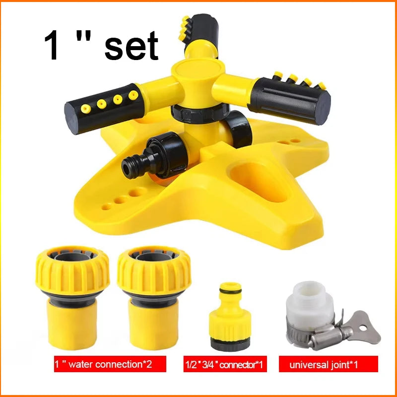 Yellow 1 inch set rotating lawn sprinkler with hose fittings and universal joint