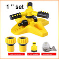 Yellow 1 inch set rotating lawn sprinkler with hose fittings and universal joint