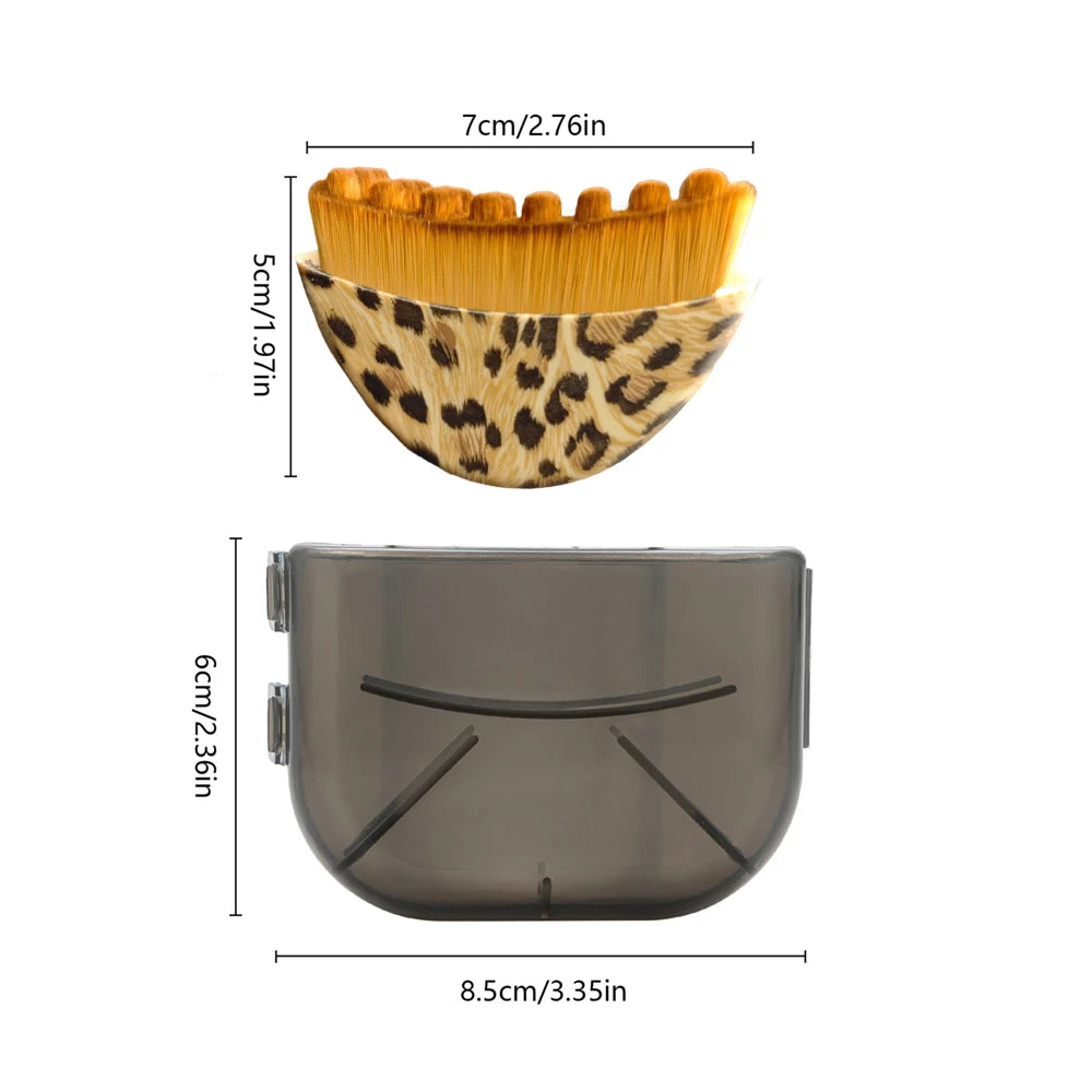 Leopard print contour brush with amber bristles and a separate translucent grey protective cover, with dimension labels.
