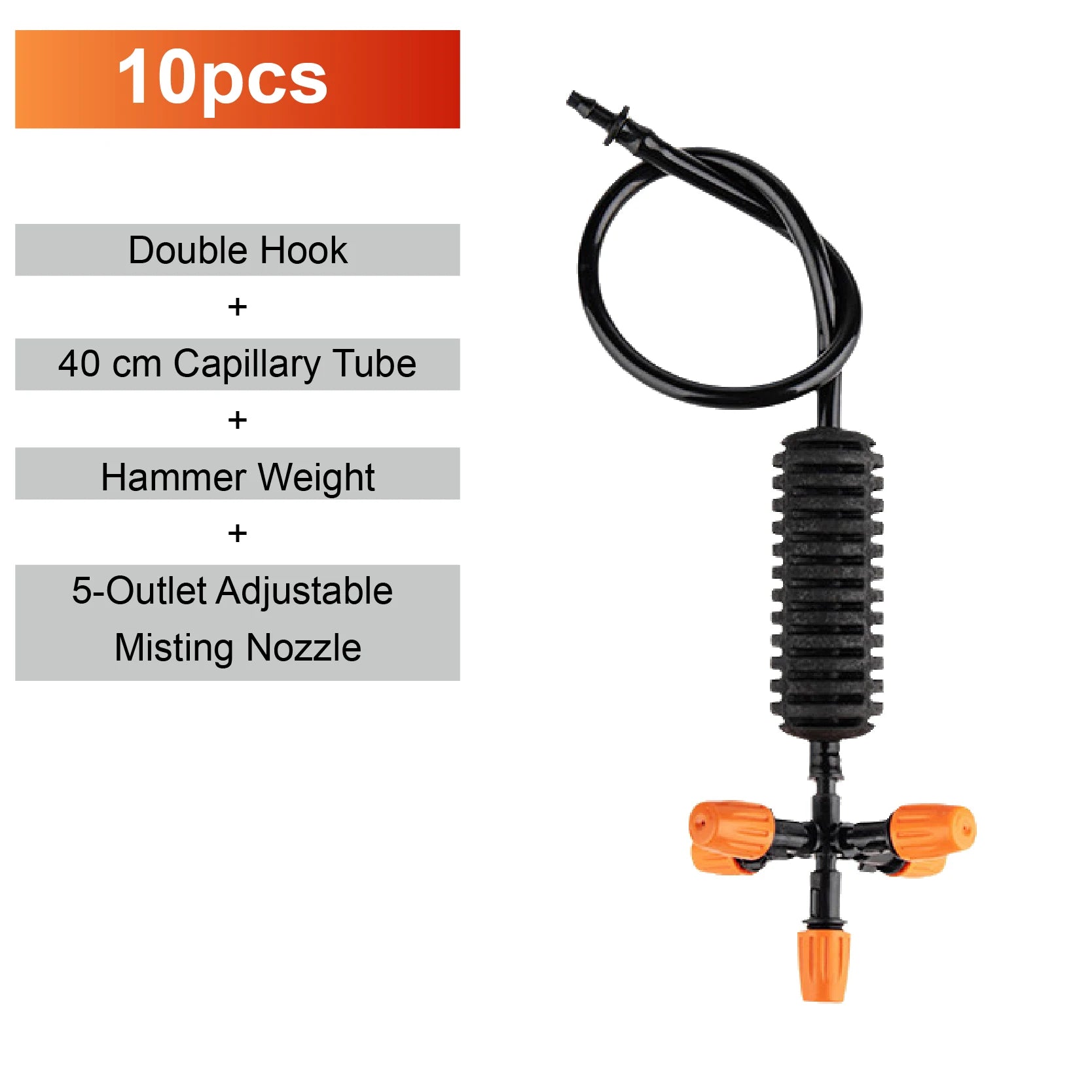 Hanging 5-outlet adjustable misting nozzle with black body, tube, and orange outlet tips