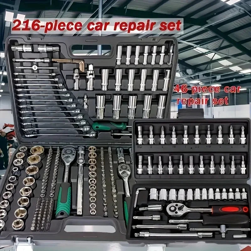 216-Piece Professional Socket Set 1/2' 3/8' 1/4' Drive SAE & Metric with 72-Tooth Ratchet for Automotive And Home Repair.（1SET）