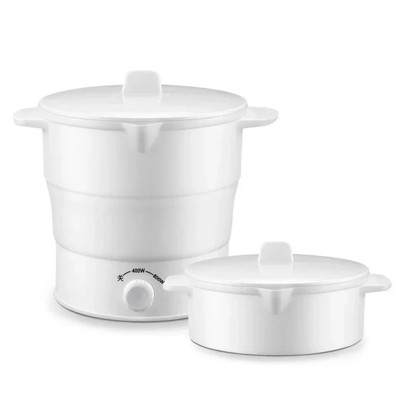 Foldable electric hot pot kettle, two white silicone pots with matching lids