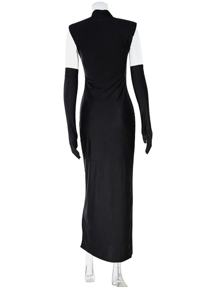 Ahagaga Fashion Women's Maxi Dress With Scarf Half Turtleneck Solid Sheath Bodycon High Split Party Eelgant Trend Vestidos Robes