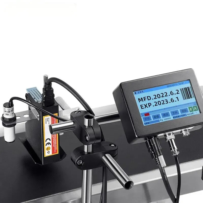 Inkjet print head and touchscreen display mounted on metal rail with cables