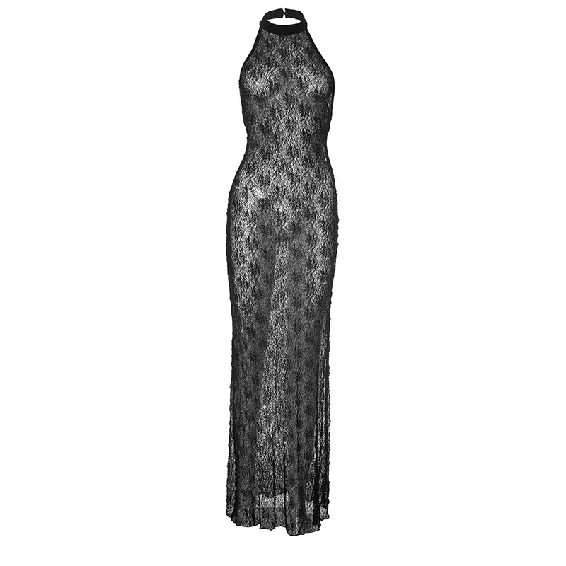 Weird Puss Mesh See Through Sexy Backless Maxi Dress Women Button Halter Sleeveless Midnight Trend Club Party Peach Hip Vestidos