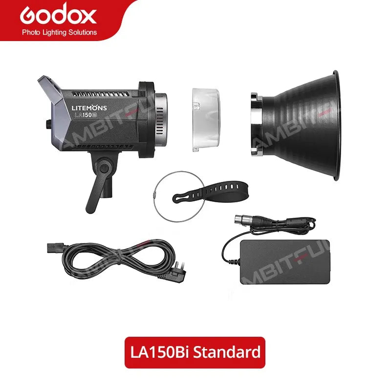 Litemons LA150Bi LED video light kit including a black fixture, reflector, power adapter, and cables.