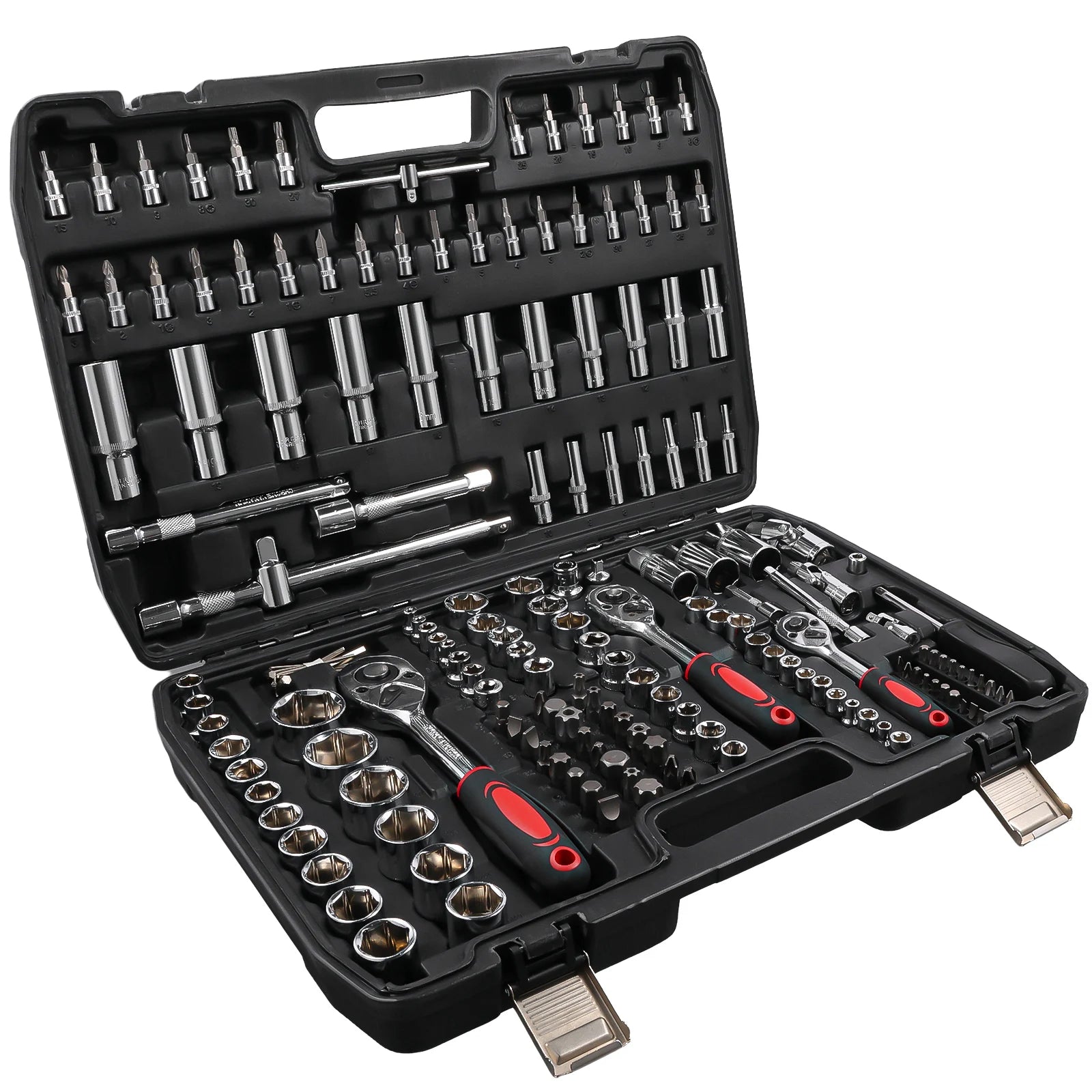Podofo 172pcs Reversible Ratchet 24 tooth Ratchet Socket Wrench Set Car Repair Tool Ratchet Torque Wrench Combo Kit 1/2'' 3/8'' 1/4'' Sockets Bits Dual-Material Handle