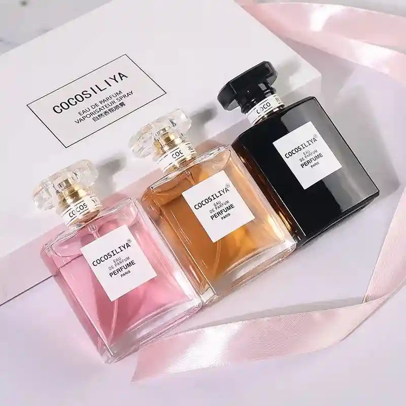 Cocosiliya 3-piece women’s EDP perfume set. Floral, spicy, woody oriental scents in elegant square glass spray bottles.