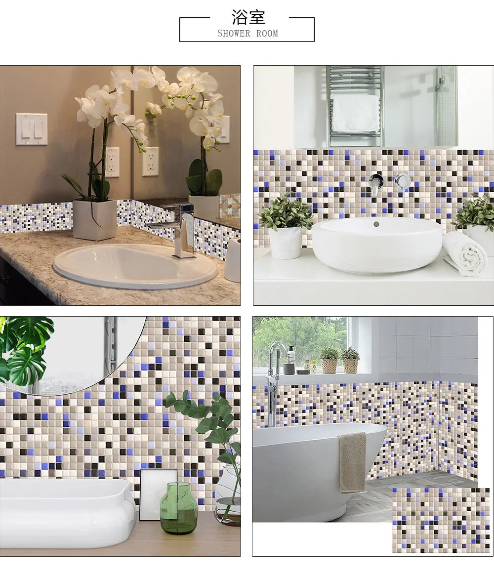 10pcs/set 10/15/20/30cm Flat Marble Mosaic Hard Tiles Wall Sticker Kitchen Bathroom Floor Diagonal Decor Wallpaper PVC Art Mural