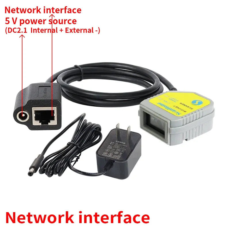 Fixed-mount barcode scanner module with RJ45 network port, yellow label, cable set