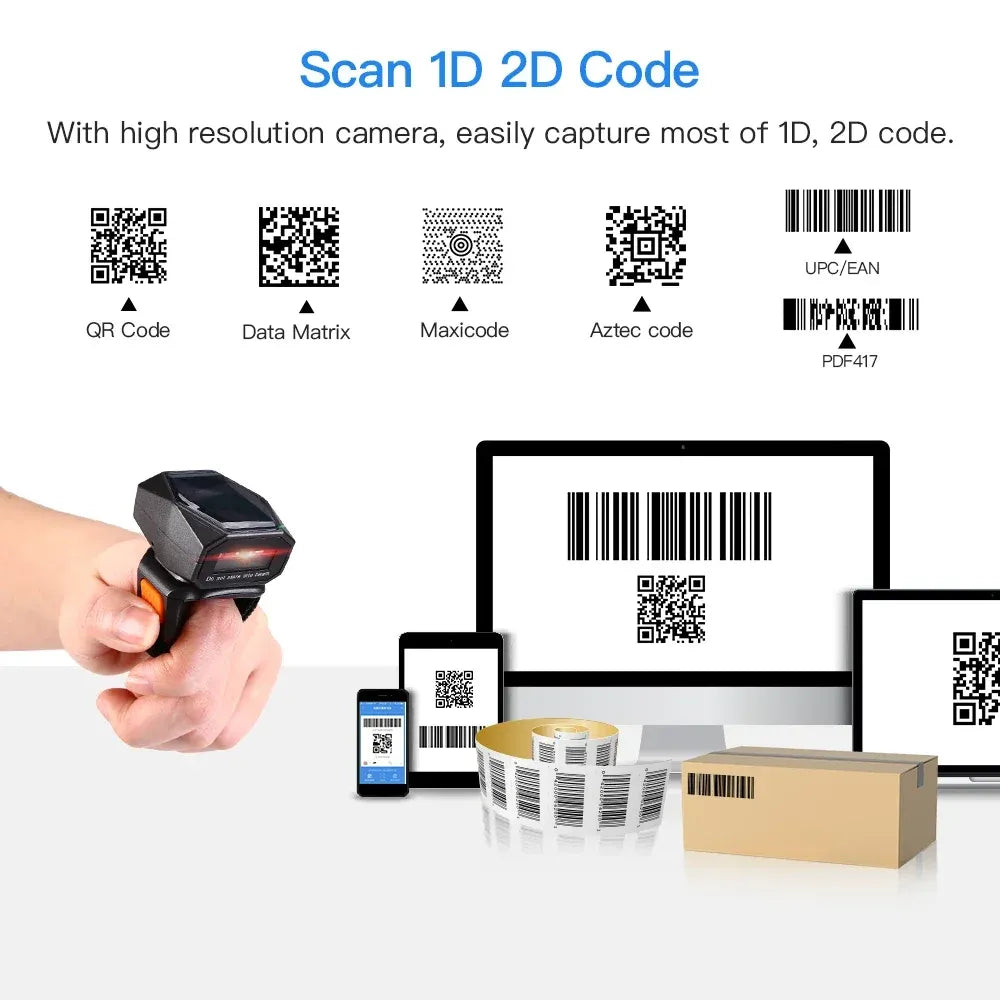 Wearable scanner ring capturing 1D and 2D codes, shown scanning barcodes and QR.