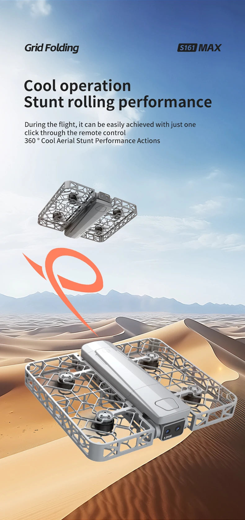 S161 MAX grey, rectangular folding drone with propeller guards, designed for aerial stunts and flight maneuvers.