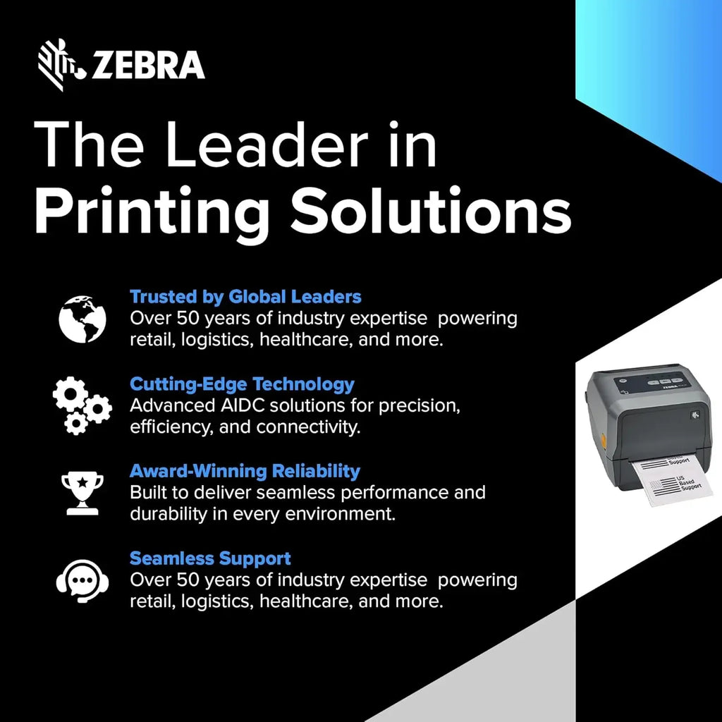 Zebra desktop thermal barcode printer, compact grey body with front feed opening