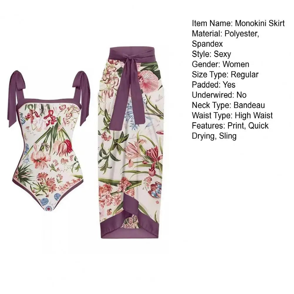 2Pcs/Set Women Monokini Suit Vintage Print One-Piece Square Neck Tie Swimsuit With Skirt Sling Lady Swimsuit With Beach Cover Up