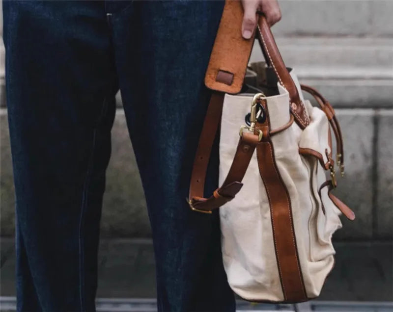Organizers designers handmade heavy canvas genuine leather men's large-capacity handbags vintage luxury outdoor travel tote bag