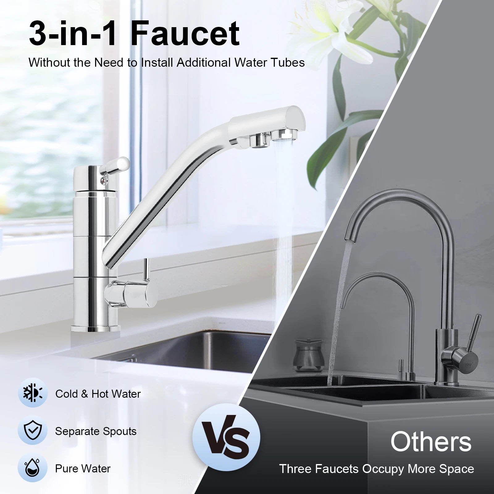 3 in 1 Water Filter Tap 360° Rotatable Three-Way Kitchen Faucet Hot and Cold Water Osmosis System Tap