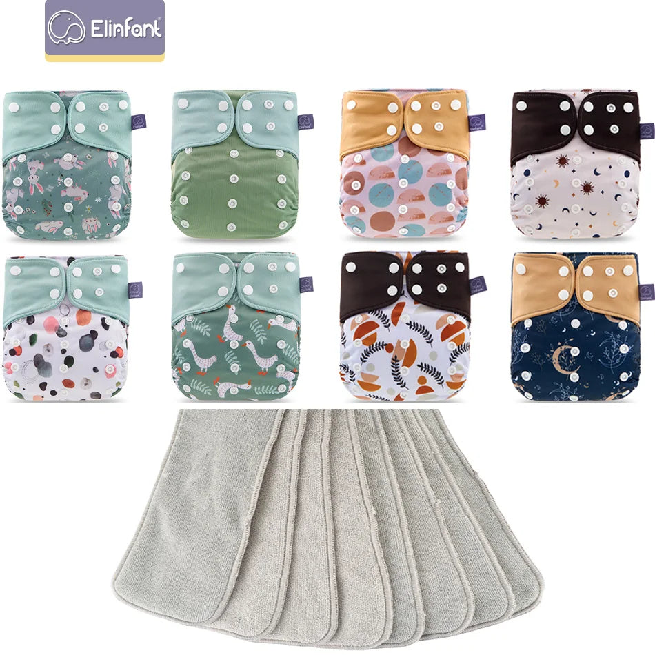 Elinfant reusable baby cloth diapers with assorted cute patterns and matching absorbent inserts, set of 8.