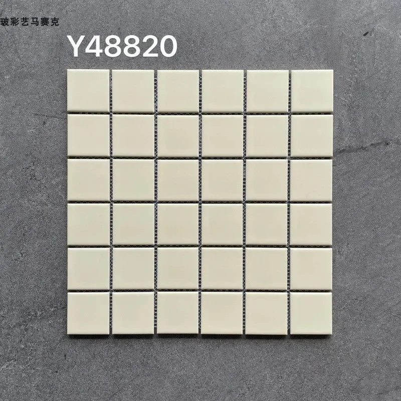 Ceramic mosaic wall tiles sheet with matte off-white squares and dark grout lines