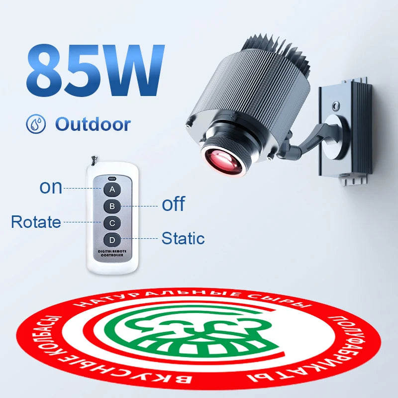 85W outdoor rotating LED logo projector with wall-mount bracket and remote