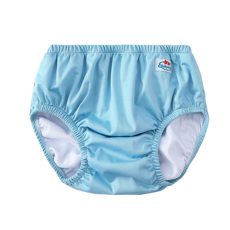 Babylove blue waterproof baby training pants with elastic waistband for diaper-free baby care.