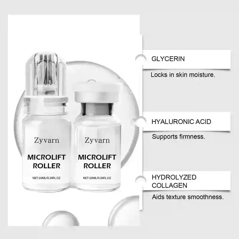Two 10ml Zyvarn microlift roller serum bottles with ingredient labels for glycerin, hyaluronic acid, and collagen.