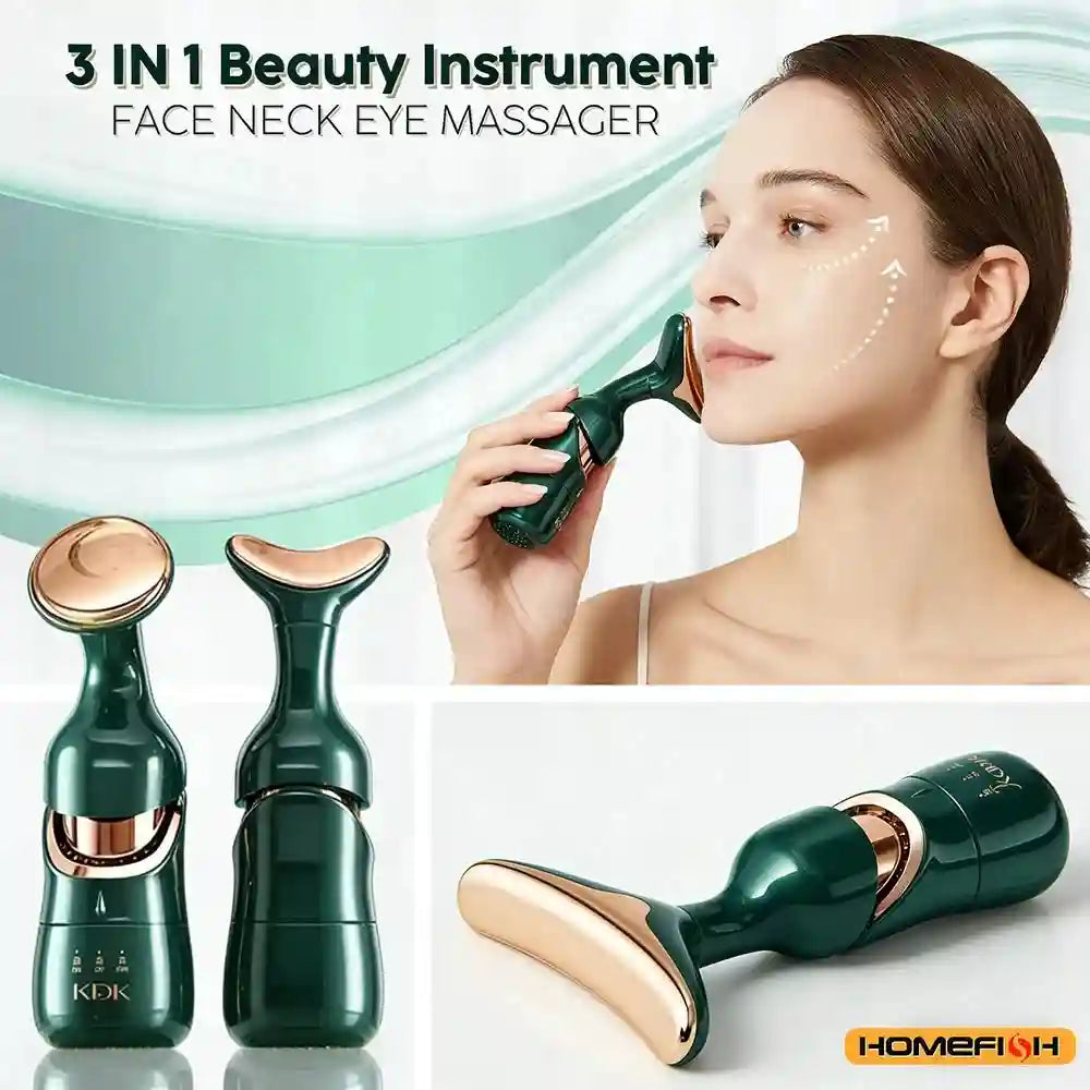 Woman using a sleek, dark green and gold HOMEFISH 3-in-1 facial sculpting device on her cheek.