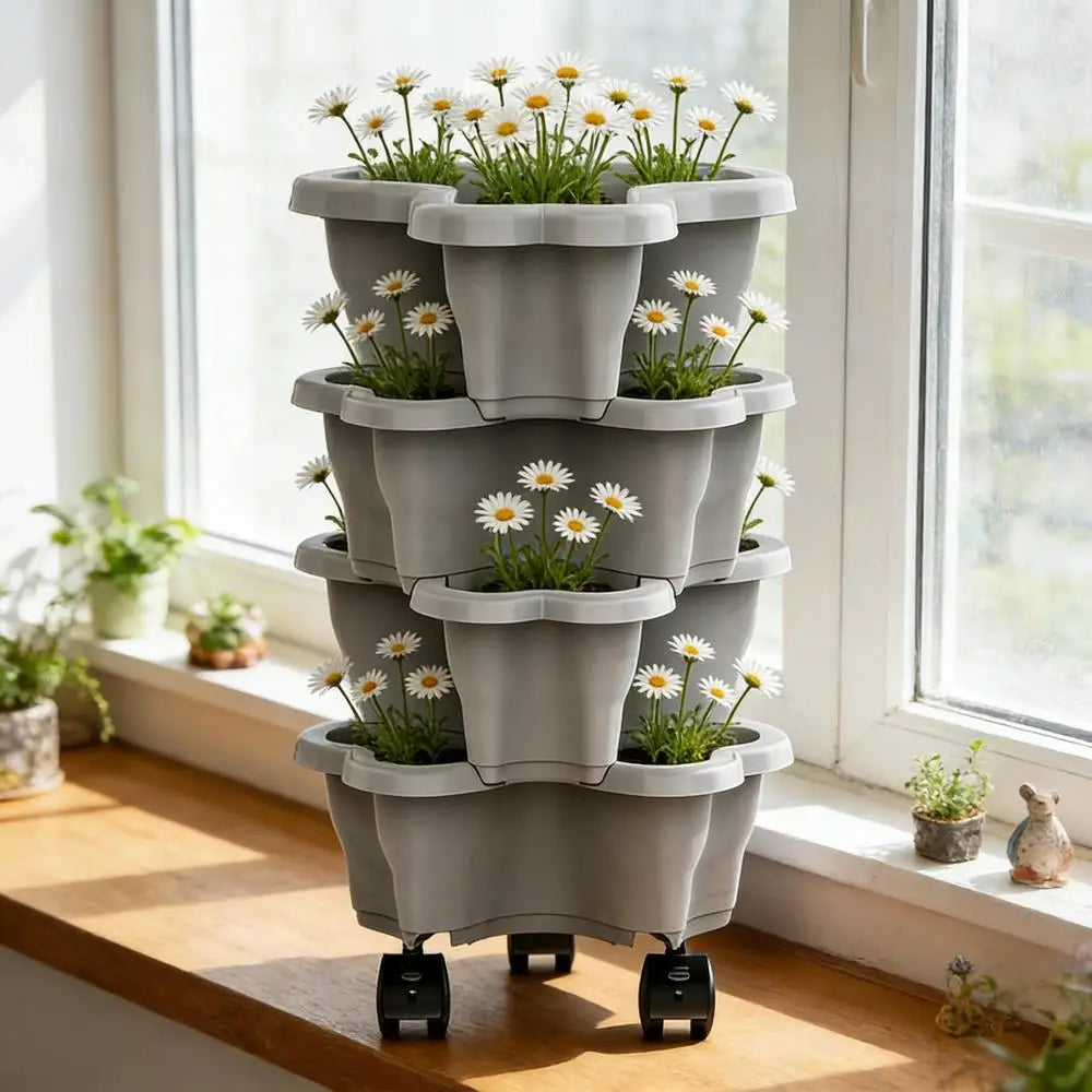 Stackable Vertical Planter 4/5-Tier with Wheels Weatherproof Plastic Flower Pot Garden Towers for Vegetable Strawberry Planter