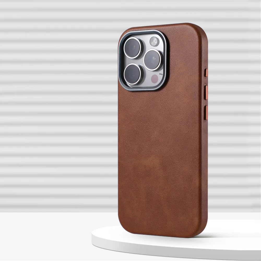 Magnetic Leather Case for iPhone 17 Pro Max with Alloy Lens Protection SW CX Brown Tidesmit