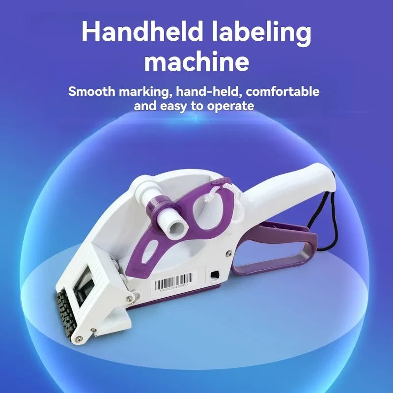 Handheld labeling machine with purple handle and white frame, showing label roller and front window